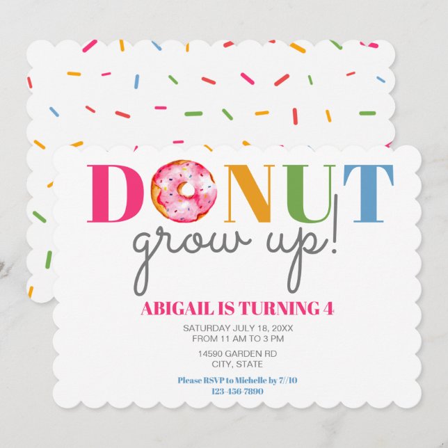 Doughnut Grow Up Cute Birthday sprinkles party kid Invitation (Front/Back)