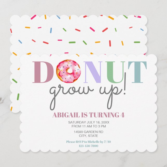 Doughnut Grow Up Cute Birthday sprinkles party kid Invitation (Front/Back)