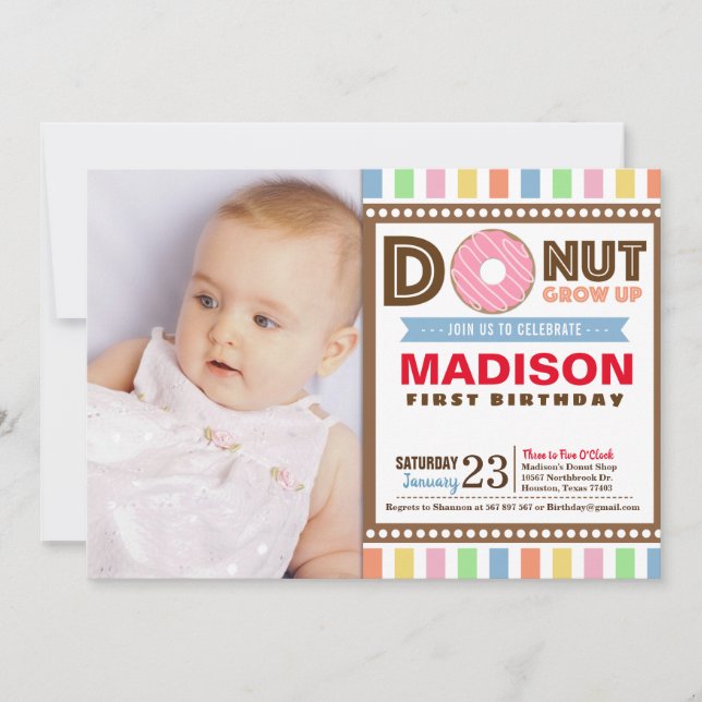 Doughnut grow Up First Birthday Party Photo Invitation (Front)