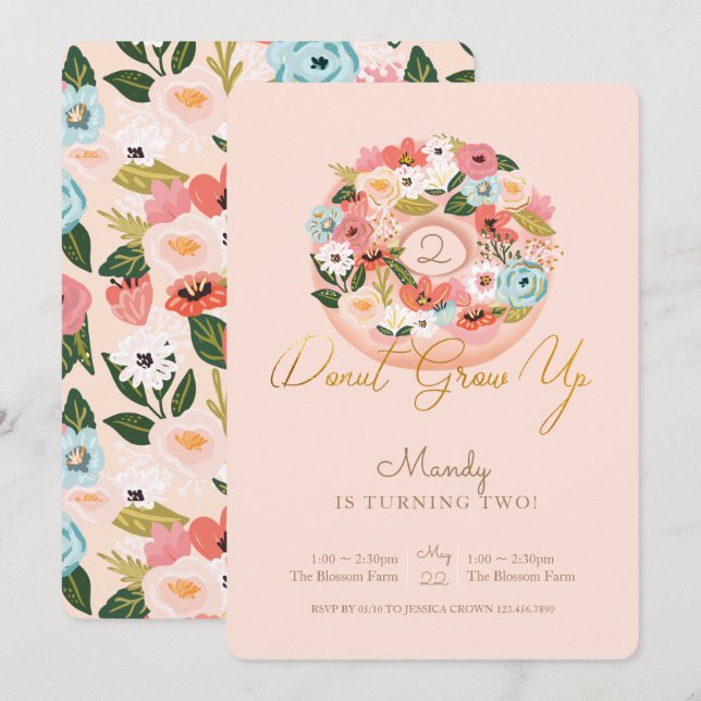 Doughnut Grow Up Floral Blossoming Doughnut Birthd Invitation (Front/Back)