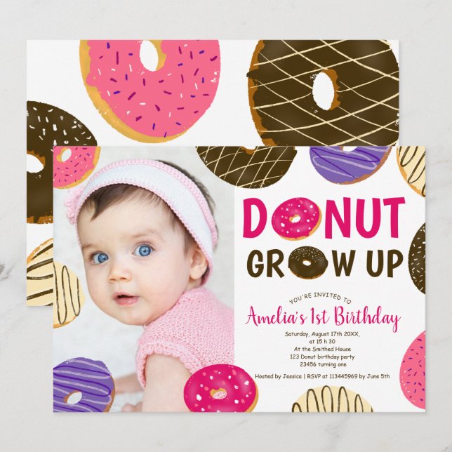 Doughnut grow up fun cute photo 1st birthday invitation (Front/Back)
