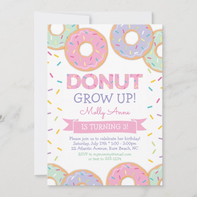 Doughnut Grow Up Girl Birthday Invitation Pink (Front)