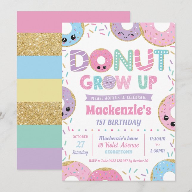 Doughnut Grow Up Kawaii Birthday Invitations Girl (Front/Back)