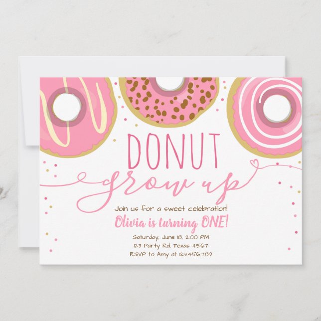 Doughnut grow up party Girl Pink Birthday Invitation (Front)