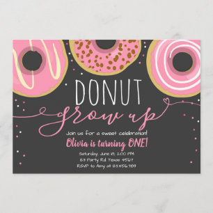 Doughnut grow up party Girl Pink Doughnut Birthday Invitation