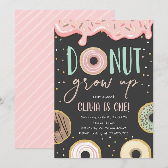 Doughnut Grow Up Pink Doughnut Girl Birthday Party Invitation (Front/Back)