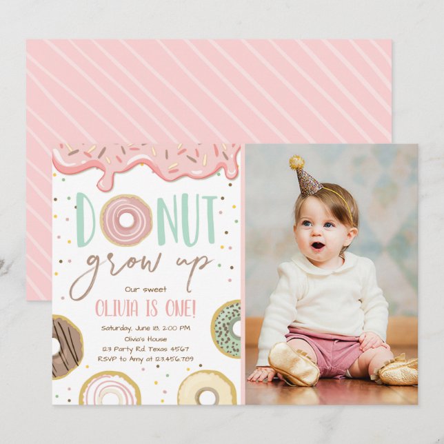 Doughnut Grow Up Pink Doughnut Girl Birthday Party Invitation (Front/Back)
