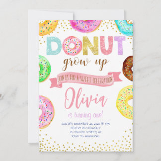 Doughnut Grow Up Pink Doughnut Girl Birthday Party Invitation