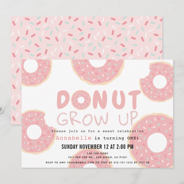 Doughnut Grow Up Pink Girl 1st Birthday Invitation (Front/Back)