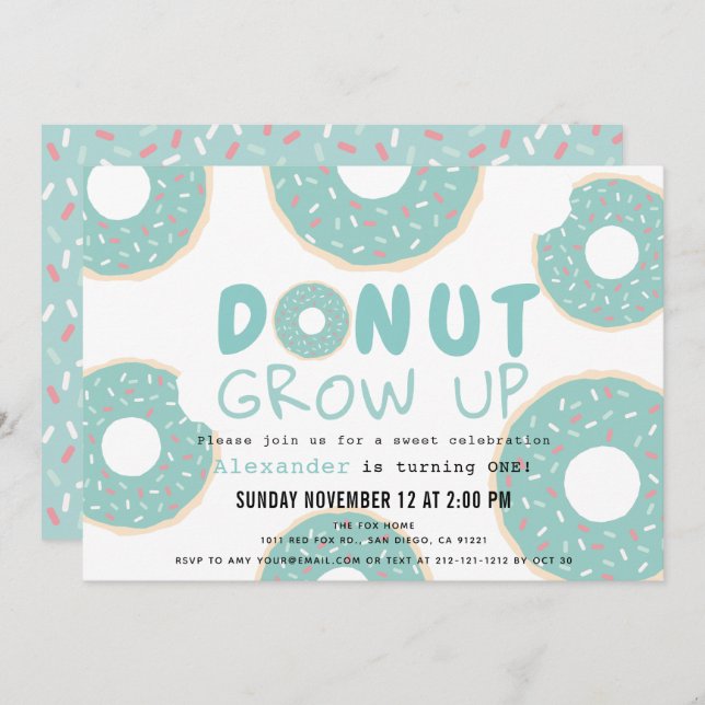 Doughnut Grow Up Turquoise Blue Boy 1st Birthday Invitation (Front/Back)