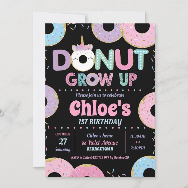 Doughnut Grow Up Unicorn Birthday Invitations Girl (Front)