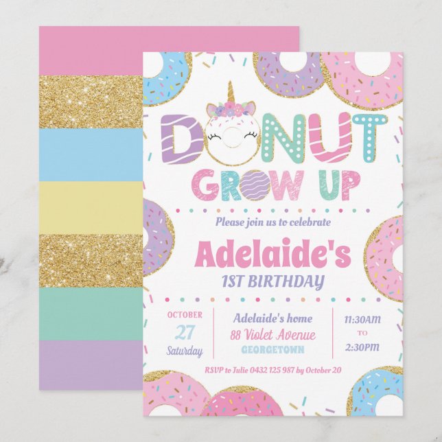 Doughnut Grow Up Unicorn Birthday Invitations Girl (Front/Back)