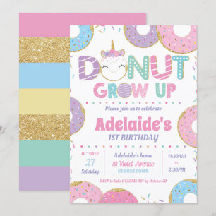 Doughnut Grow Up Unicorn Birthday Invitations Girl