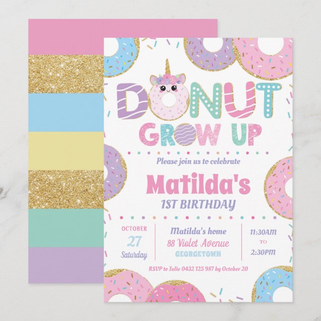 Doughnut Grow Up Unicorn Birthday Invitations Girl (Front/Back)