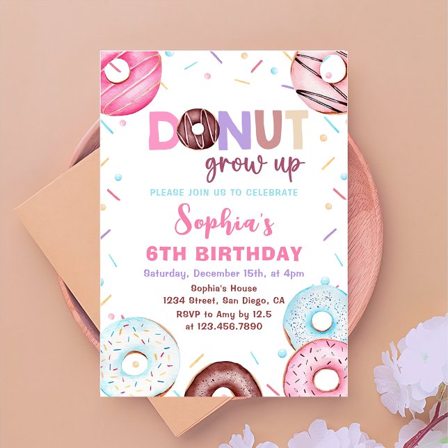 Doughnut Grow Up Watercolor Doughnut Birthday Invi Invitation (Creator Uploaded)