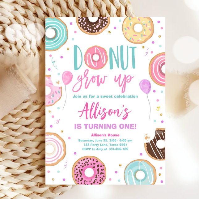Doughnut Grow Up Watercolor Our Sweet Girl Birthda Invitation (Creator Uploaded)