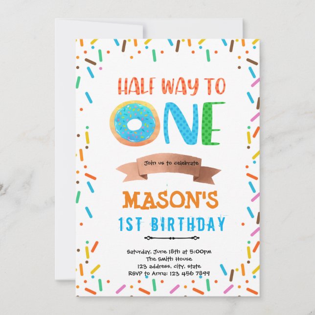 Doughnut half way to one boy party invitation (Front)