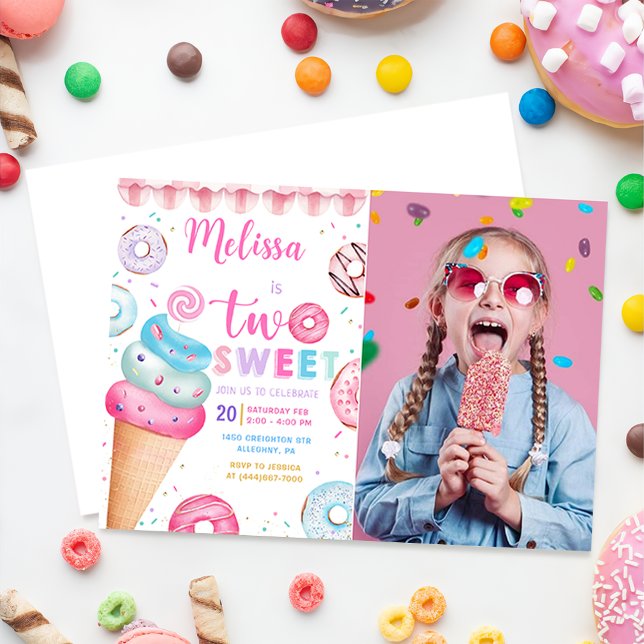 Doughnut Ice Cream Two Sweet 2nd Birthday Photo Invitation (Creator Uploaded)