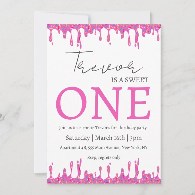 Doughnut illustration sweet one birthday invitation (Front)