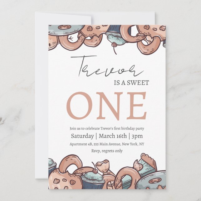 Doughnut illustration sweet one birthday invitation (Front)