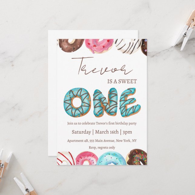 Doughnut illustration sweet one birthday invitation (Front/Back In Situ)