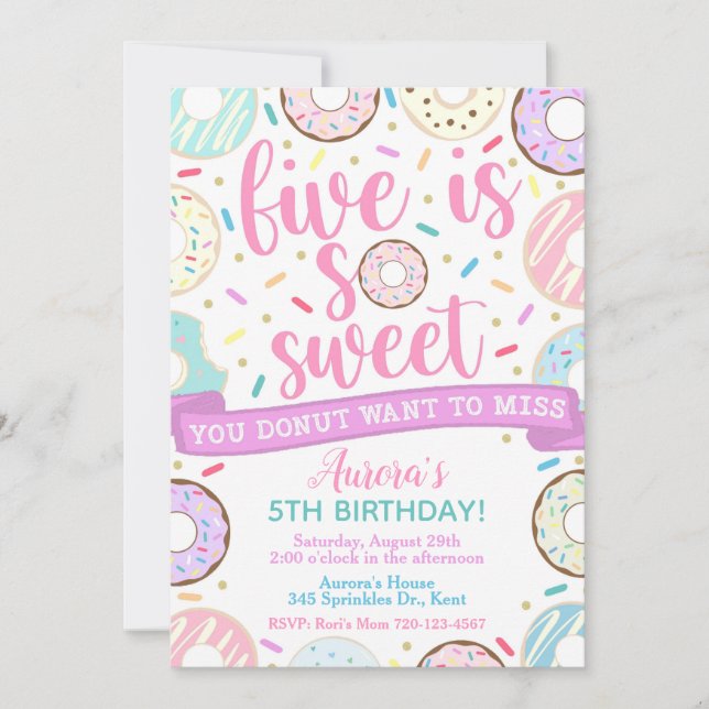 Doughnut Invitation, Five is Sweet Invitation, 5th Invitation (Front)