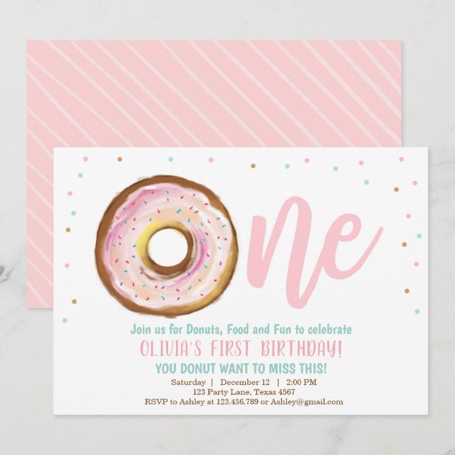 Doughnut Invitation One Girl 1st Birthday Party Sw (Front/Back)