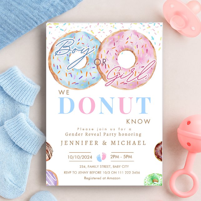 Doughnut Know Gender Reveal Boy Girl Blue Pink Par Invitation (Donut Know Gender Reveal Boy Girl Blue Pink Party Invitation)