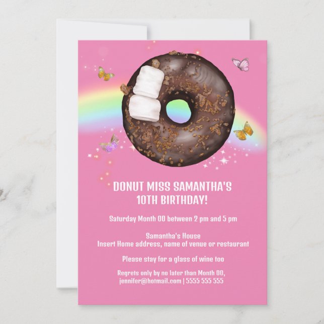 Doughnut magical rainbow pink butterfly any age invitation (Front)