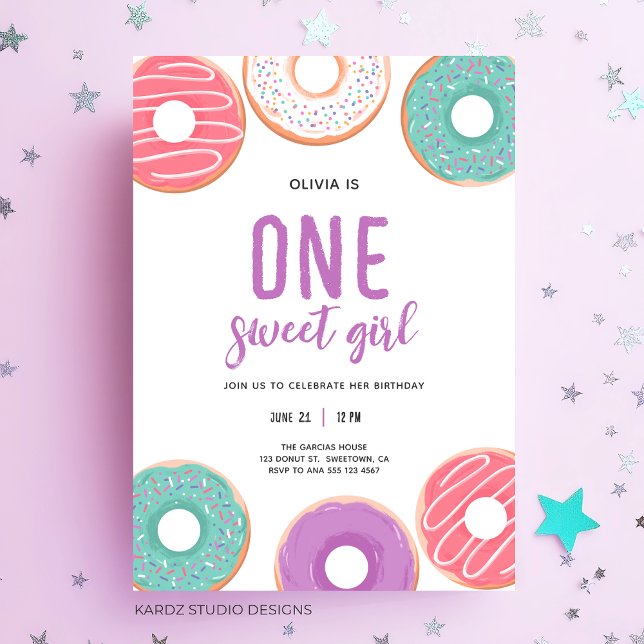 Doughnut One Sweet Girl 1st Birthday Invitation (Cute and simple donut one year old baby girl, customize for a sweet celebration.)