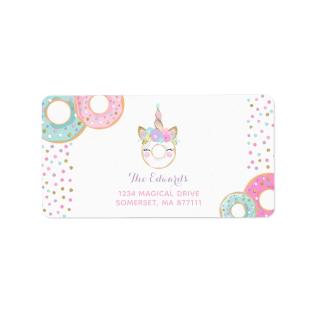 Doughnut Party Address Labels Doughnut & Unicorn (Front)