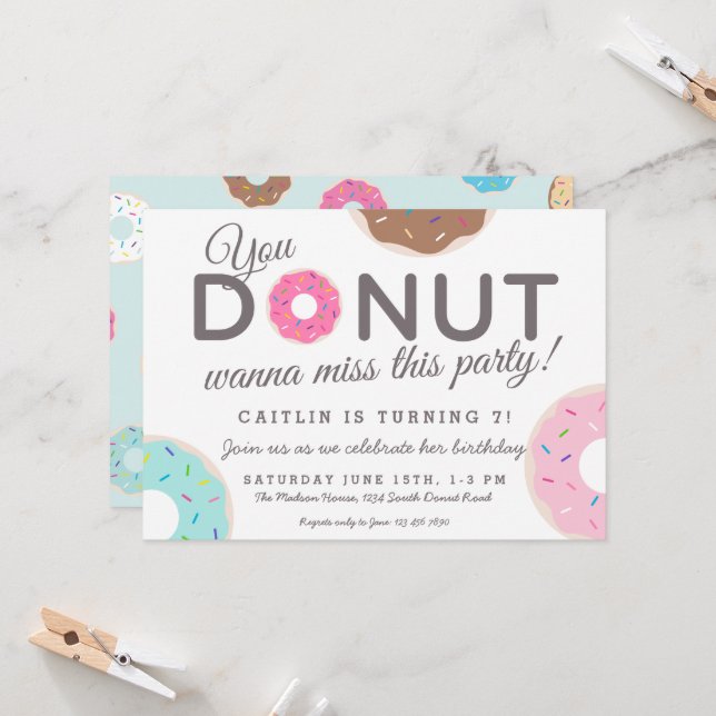 Doughnut Party Invitations | Doughnut Birthday Par (Front/Back In Situ)
