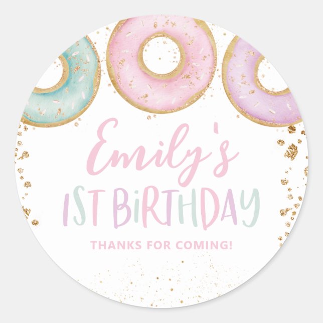Doughnut Party Thank You Sticker 1st Birthday Part (Front)