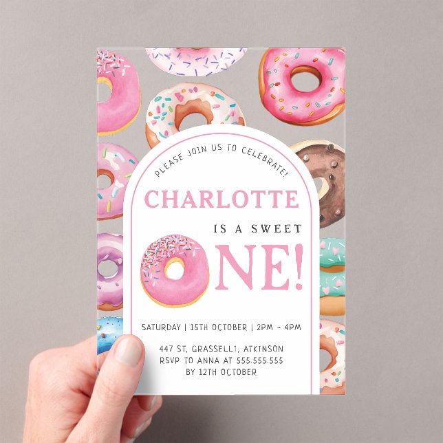 Doughnut Pattern 1st Birthday Party First Sweet On Acrylic Invitations (Insitu (Handheld))