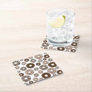 Doughnut Pattern, Chocolate Doughnuts, Caramel Dou Square Paper Coaster
