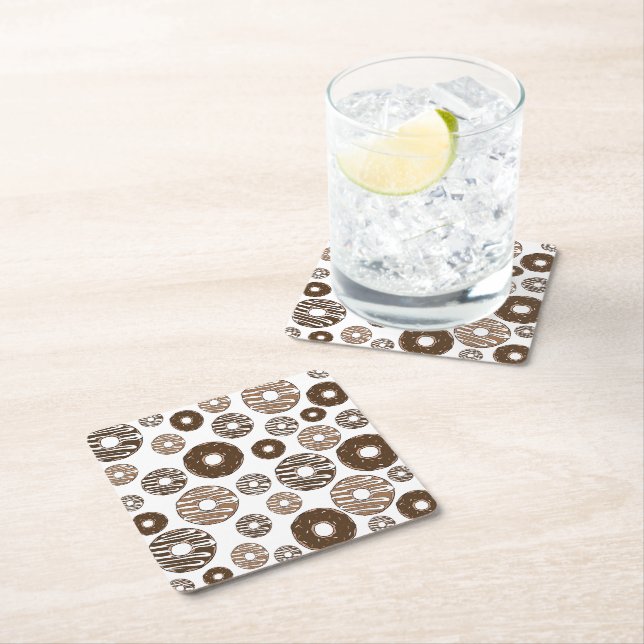 Doughnut Pattern, Chocolate Doughnuts, Caramel Dou Square Paper Coaster (Insitu)