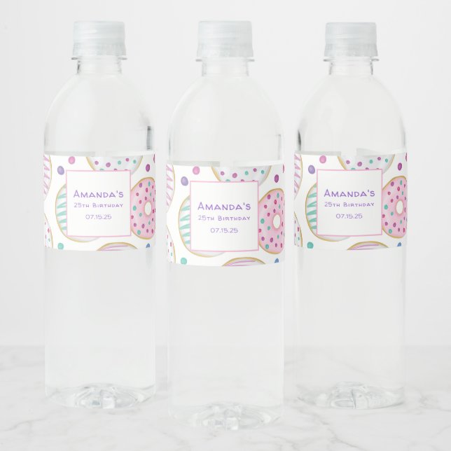 Doughnut Pattern Cute Colourful Birthday Water Bottle Label (Bottles)