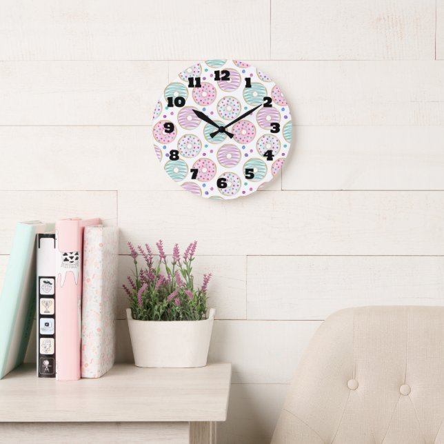 Doughnut Pattern Cute Colourful Large Clock (Reading Room)