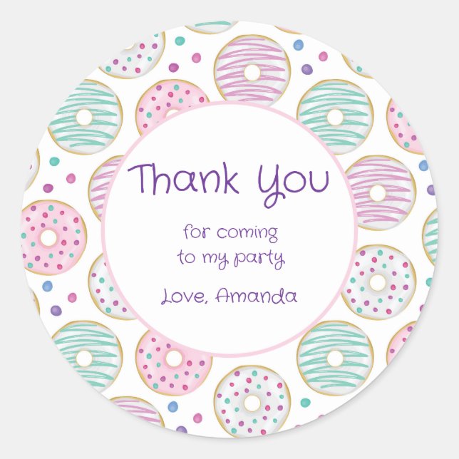 Doughnut Pattern Cute Colourful Party Thank You Classic Round Sticker (Front)