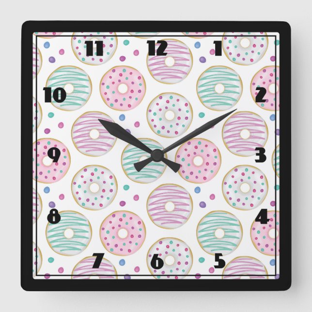 Doughnut Pattern Cute Colourful Square Wall Clock (Front)