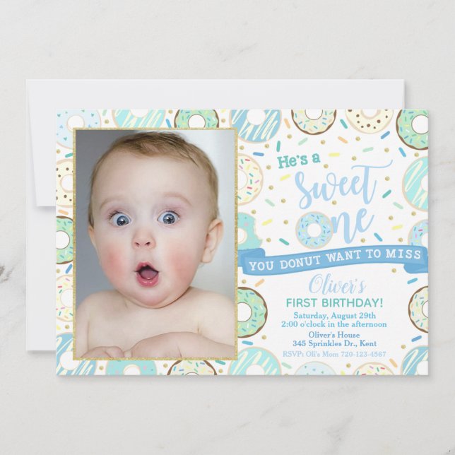Doughnut Photo Birthday Invitation Boy Sweet One (Front)