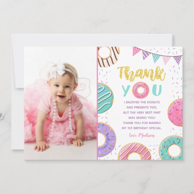 Doughnut Photo Birthday Thank You Cards (Front)