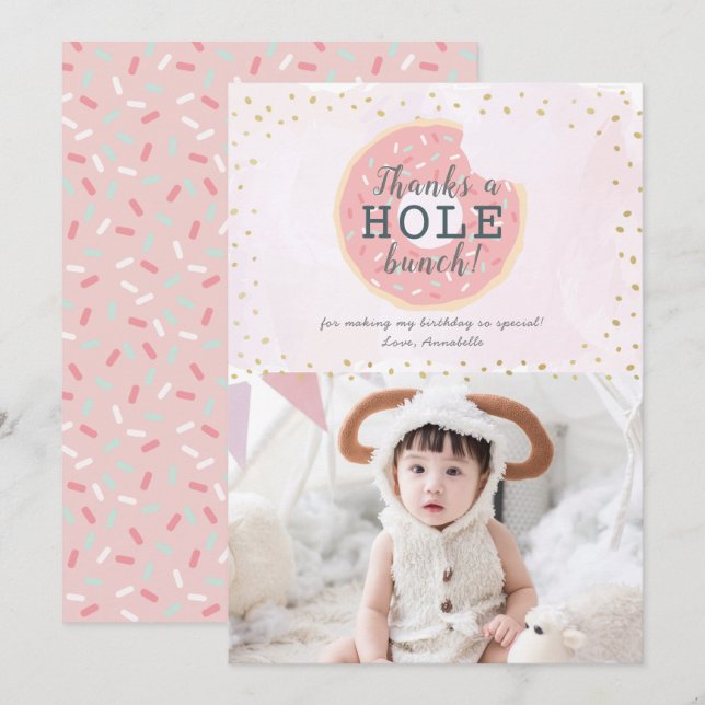 Doughnut Photo Pink Birthday Thank You Card (Front/Back)