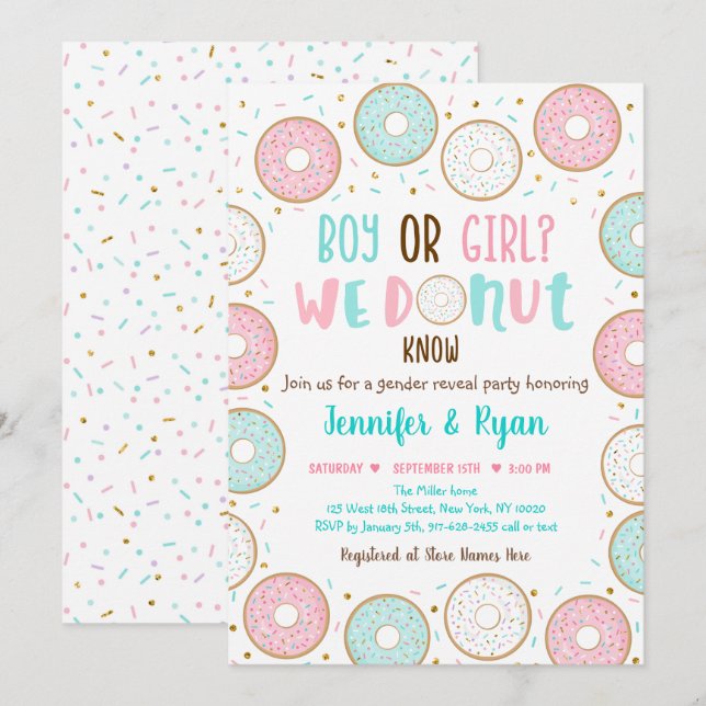 Doughnut Pink Blue Gold Gender Reveal Invitation (Front/Back)