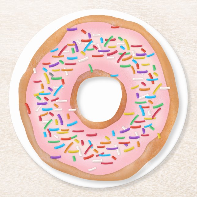 Doughnut Pink Frosting Sprinkles Cute Food | Round Paper Coaster (Front)