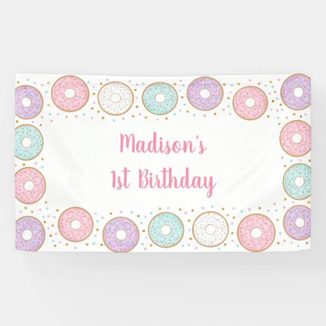 Doughnut Pink Gold Pastel Birthday Banner (Horizontal)