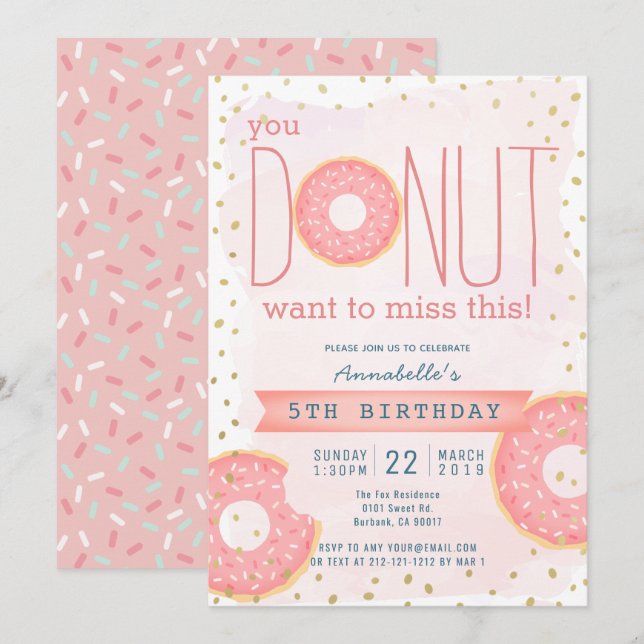 Doughnut Pink x Gold Girl Birthday Invitation (Front/Back)