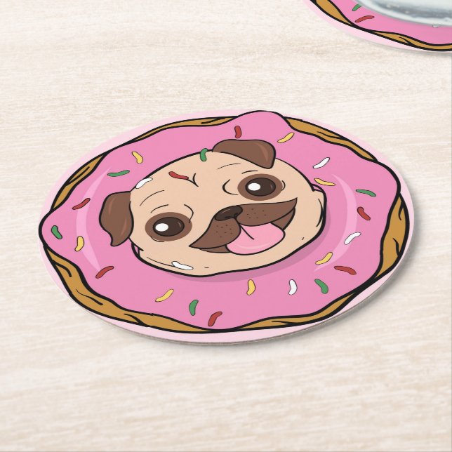 Doughnut Pug Round Paper Coaster (Angled)