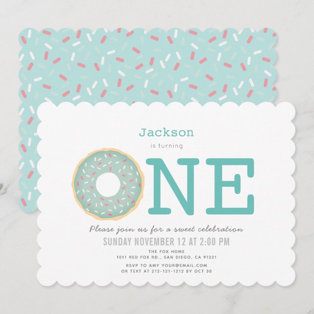 Doughnut Simple Mint Green Boy 1st Birthday Invitation (Front/Back)