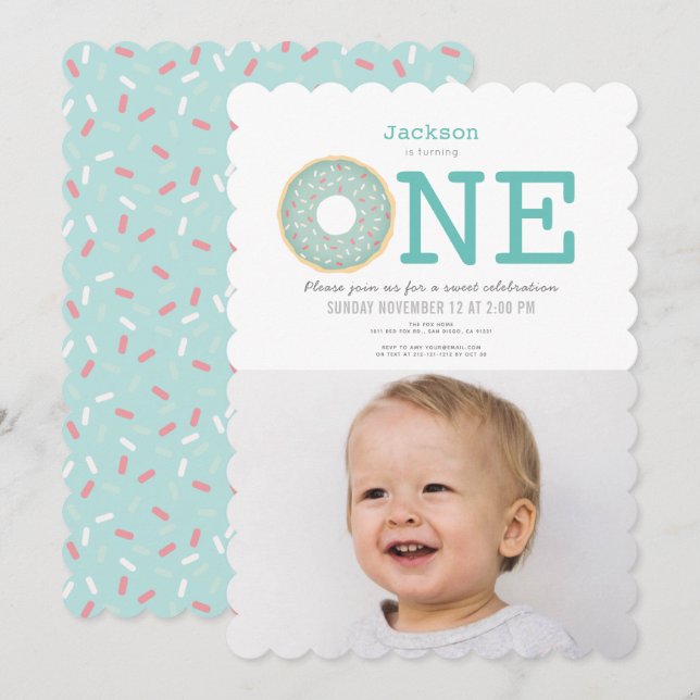 Doughnut Simple Mint Green Boy Photo 1st Birthday Invitation (Front/Back)